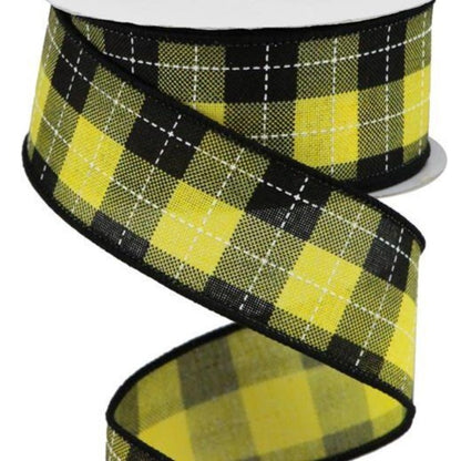 Wired Ribbon * Printed Woven Check * Yellow, Black and White Canvas * 1.5" x 10 Yards * RGA18498N