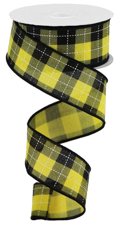 Wired Ribbon * Printed Woven Check * Yellow, Black and White Canvas * 1.5" x 10 Yards * RGA18498N