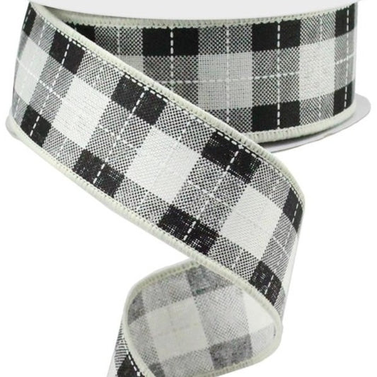 Wired Ribbon * Printed Woven Check * Ivory, Black and White Canvas * 1.5" x 10 Yards * RGA1849EX
