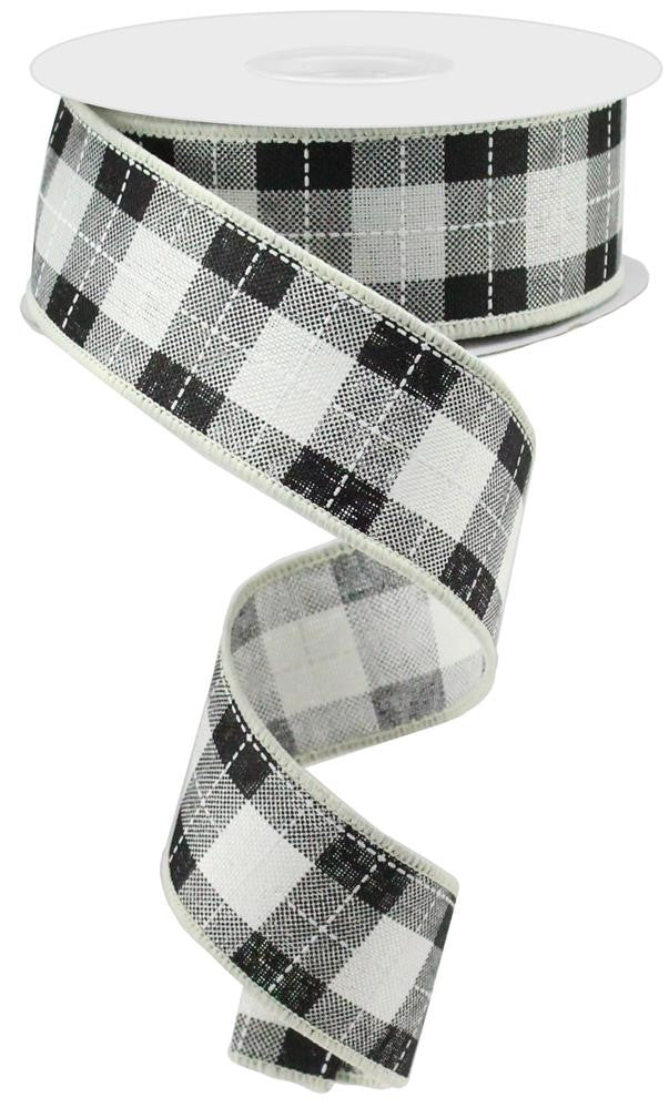 Wired Ribbon * Printed Woven Check * Ivory, Black and White Canvas * 1.5" x 10 Yards * RGA1849EX