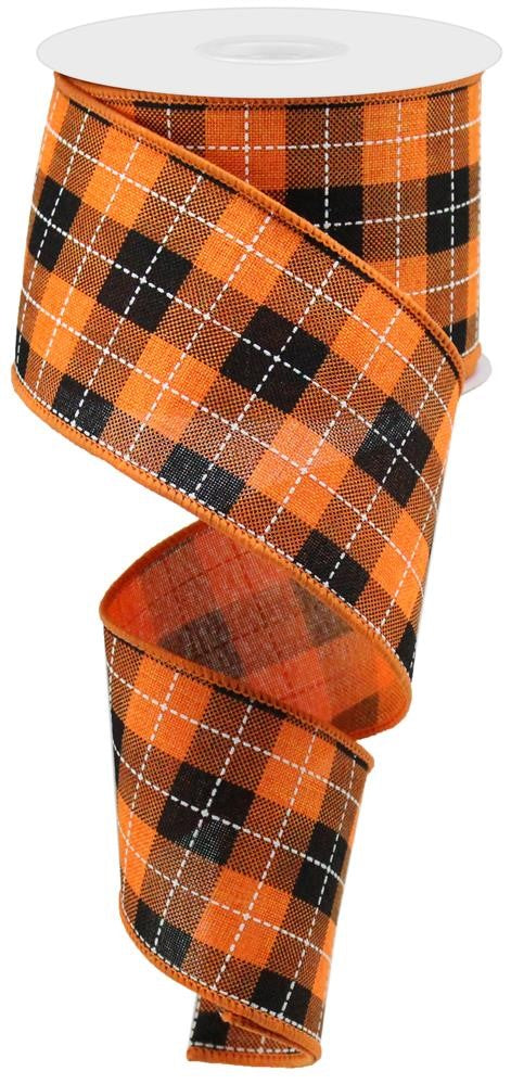 Wired Ribbon * Printed Woven Check * Orange, Black & White * 2.5" x 10 Yards  Canvas * RGA185020