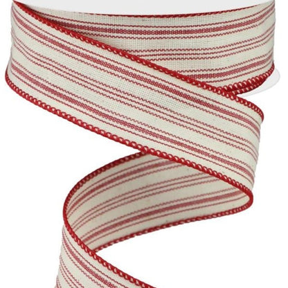 Wired Ribbon * Ticking/Stripe * Farmhouse Red and Beige  * 1.5" x 10 Yards * RGA187524 * Canvas