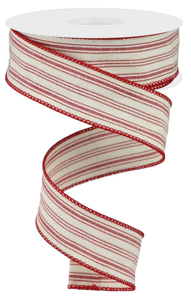 Wired Ribbon * Ticking/Stripe * Farmhouse Red and Beige  * 1.5" x 10 Yards * RGA187524 * Canvas