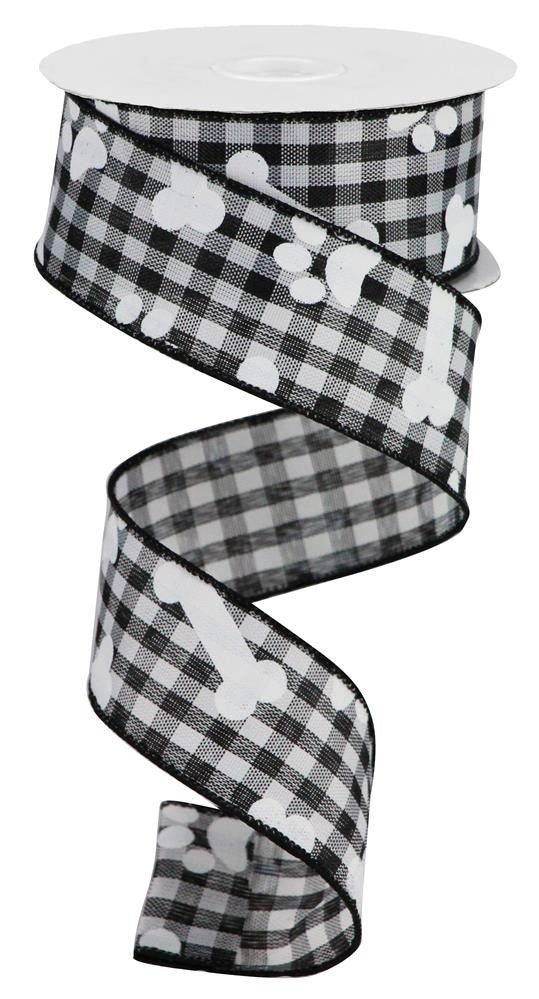 Wired Ribbon * Gingham Paw Prints & Bones * Black and White * 1.5" x 10 Yards * RGA1893X6