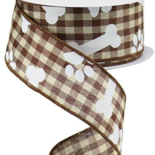 Wired Ribbon * Paw Prints and Bones on Gingham * Brown, Beige and White Canvas * 1.5" x 10 Yards * RGA189504