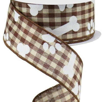 Wired Ribbon * Paw Prints and Bones on Gingham * Brown, Beige and White Canvas * 1.5" x 10 Yards * RGA189504