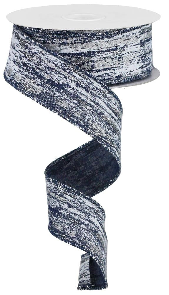 Wired Ribbon * Glitter Metallic Streaks * Navy, White and Silver Canvas  * 1.5" x 10 Yards  Canvas * RGA191719