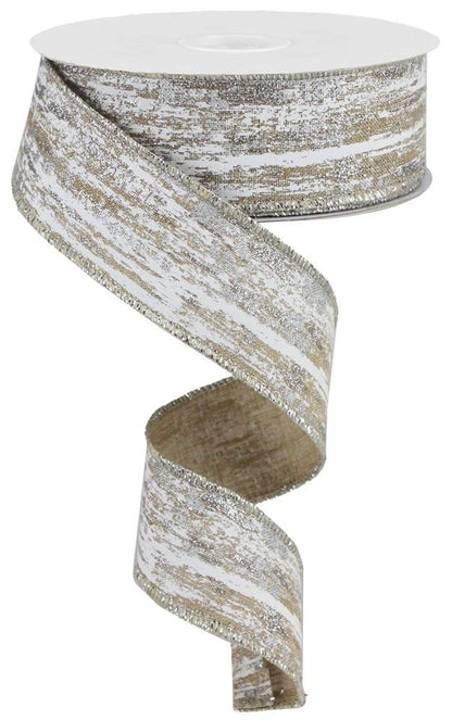 Wired Ribbon * Glitter Metallic Streaks * Lt Beige, White and Silver Canvas  * 1.5" x 10 Yards  Canvas * RGA19171C