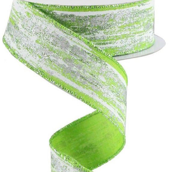 Wired Ribbon * Glitter Metallic Streaks * Lime, White and Silver Canvas  * 1.5" x 10 Yards  Canvas * RGA191733