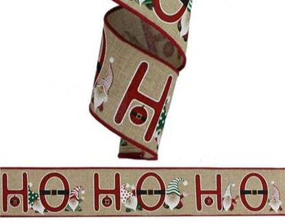 Wired Ribbon * Glitter Ho Ho Ho Gnomes * Lt. Beige, Red, Green, White & Gold  * 2.5" x 10 Yards  Canvas * RGA196101