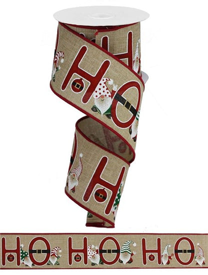 Wired Ribbon * Glitter Ho Ho Ho Gnomes * Lt. Beige, Red, Green, White & Gold  * 2.5" x 10 Yards  Canvas * RGA196101