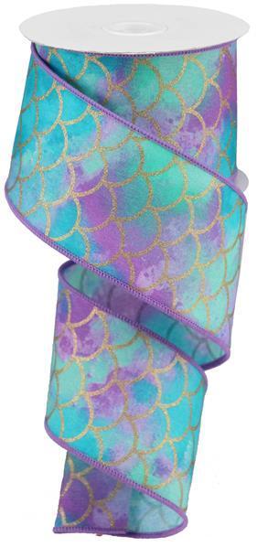 Wired Ribbon * Scales On Watercolors * Aqua, Purple, Teal and Gold * 2.5" x 10 Yards Canvas * RGA1987XC