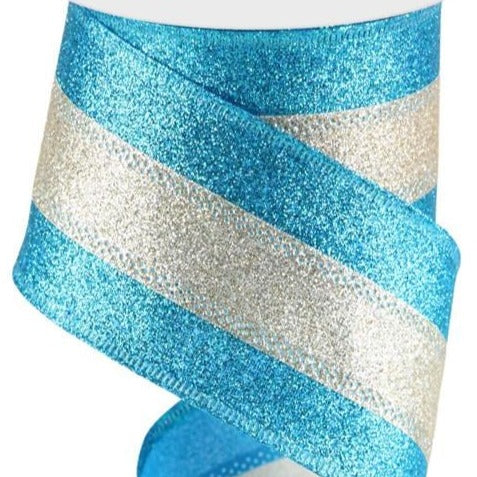 Wired Ribbon * 3 in 1  * Shimmer Glitter Stripe * Turquoise and Champagne Canvas * 2.5" x 10 Yards * RGA8220N4