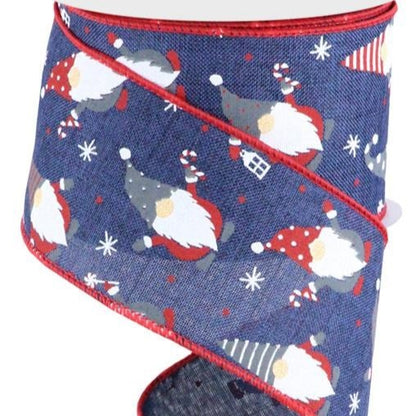 Wired Ribbon * Christmas Gnomes * Navy, Red, Grey and White Canvas  * 2.5" x 10 Yards  Canvas * RGB107219