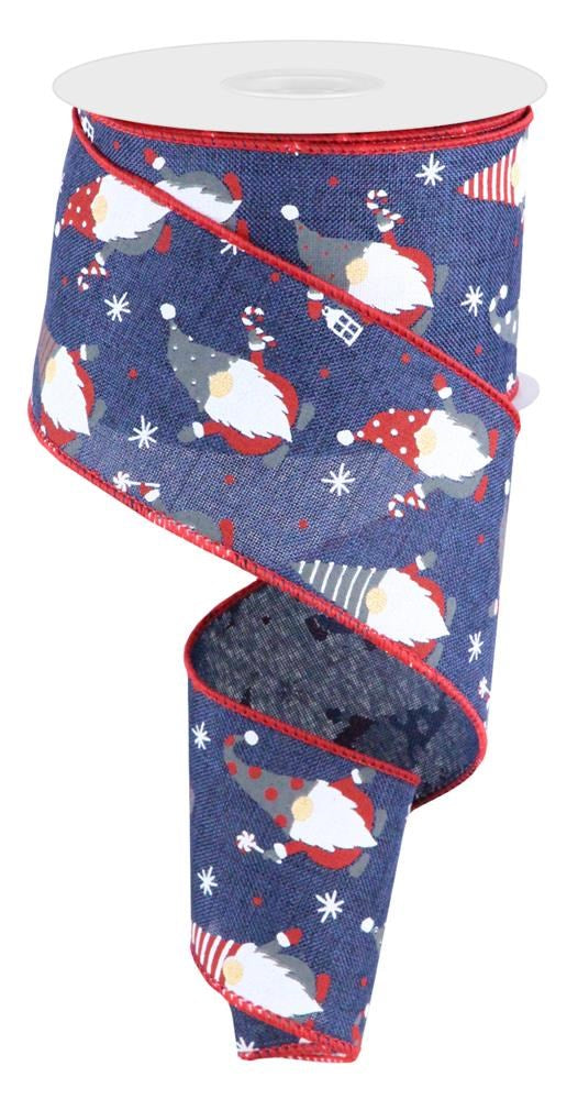 Wired Ribbon * Christmas Gnomes * Navy, Red, Grey and White Canvas  * 2.5" x 10 Yards  Canvas * RGB107219