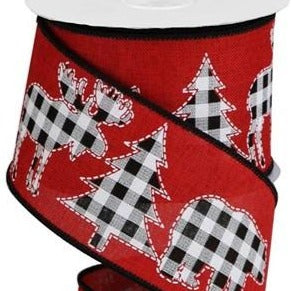 Wired Ribbon * Check Moose, Bear & Trees * Red, White and Black  * 2.5" x 10 Yards  Canvas * RGB111724