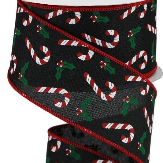 Wired Ribbon * Candy Cane and Holly * Black, Red, Emerald and White Canvas * 2.5" x 10 Yards * RGB114402