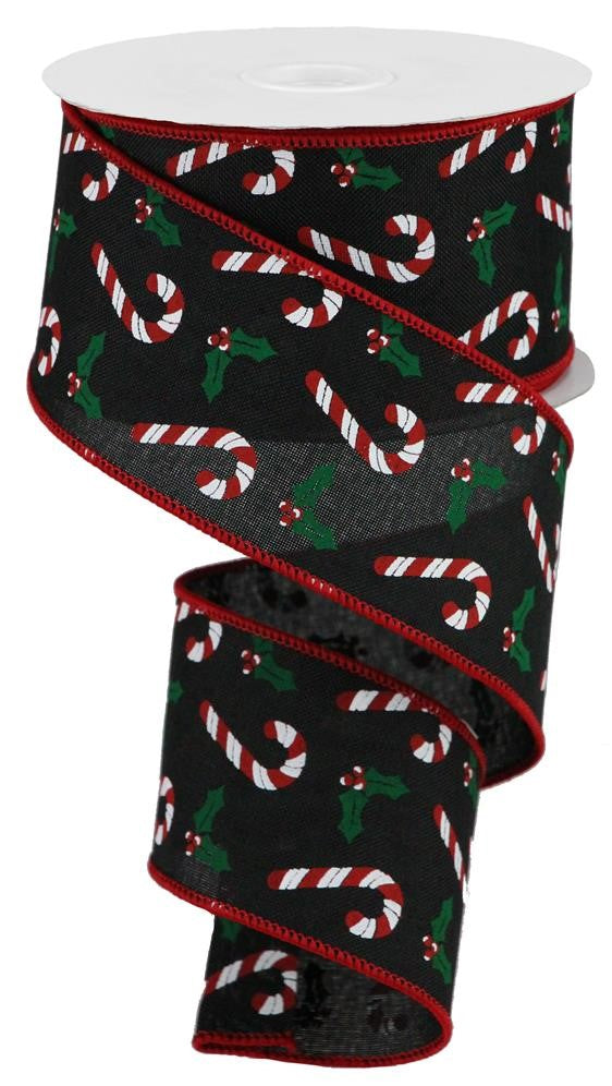 Wired Ribbon * Candy Cane and Holly * Black, Red, Emerald and White Canvas * 2.5" x 10 Yards * RGB114402