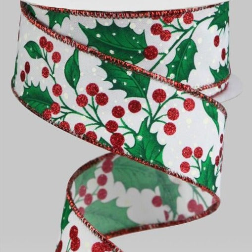 Wired Ribbon * Holly Leaves and Berries * White, Red, Green and Ivory * 1.5" x 10 Yards Canvas * RGB117627