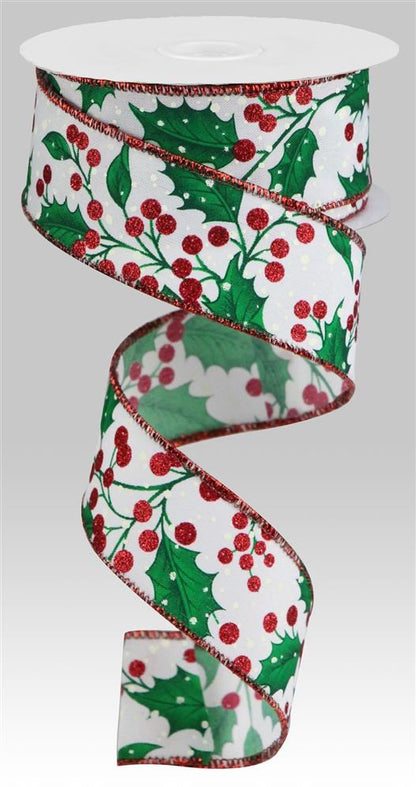 Wired Ribbon * Holly Leaves and Berries * White, Red, Green and Ivory * 1.5" x 10 Yards Canvas * RGB117627