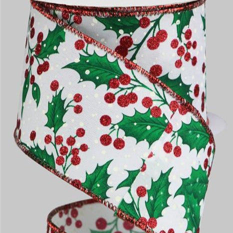 Wired Ribbon * Holly Leaves and Berries * White, Red, Green and Ivory 2.5" x 10 Yards * RGB117727 * Canvas