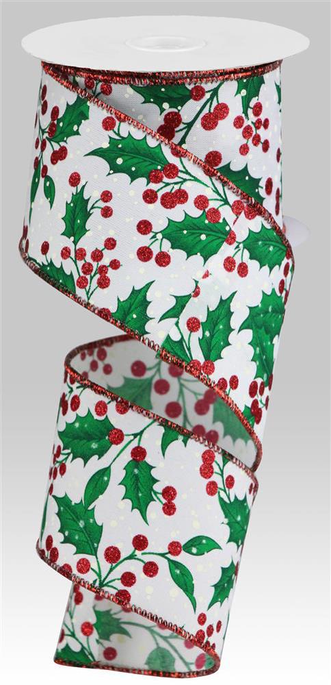 Wired Ribbon * Holly Leaves and Berries * White, Red, Green and Ivory 2.5" x 10 Yards * RGB117727 * Canvas