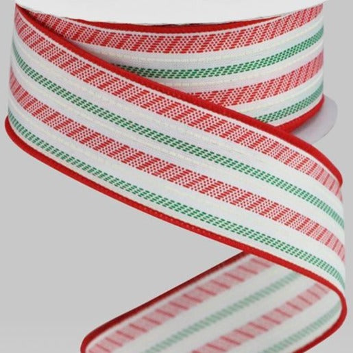 Wired Ribbon * Slash Stripes * White, Red and Green * 1.5" x 10 Yards Canvas * RGB122527