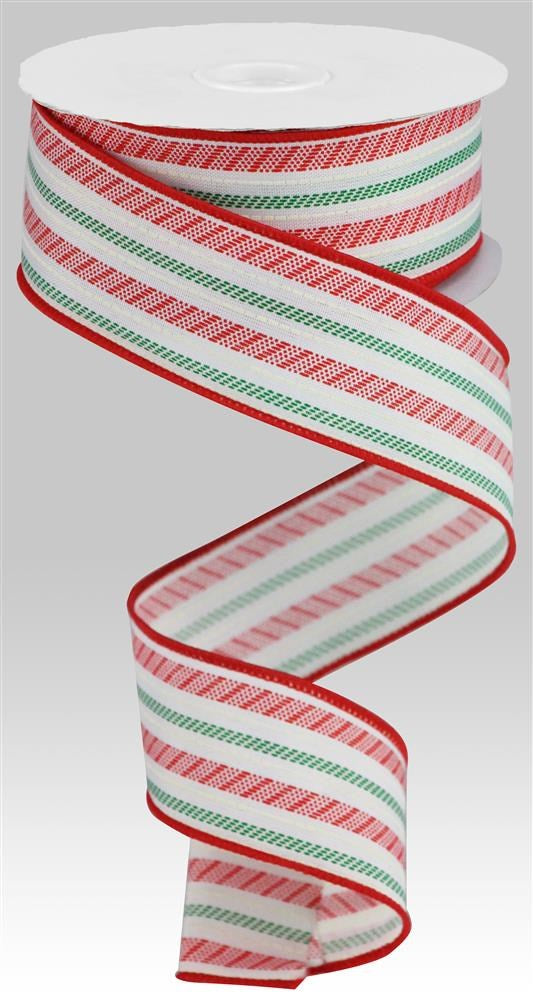 Wired Ribbon * Slash Stripes * White, Red and Green * 1.5" x 10 Yards Canvas * RGB122527