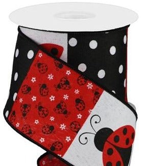 Wired Ribbon * Ladybug Block Pattern * White, Red and Black Canvas * 2.5" x 10 Yards * RGB125227