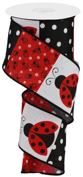 Wired Ribbon * Ladybug Block Pattern * White, Red and Black Canvas * 2.5" x 10 Yards * RGB125227