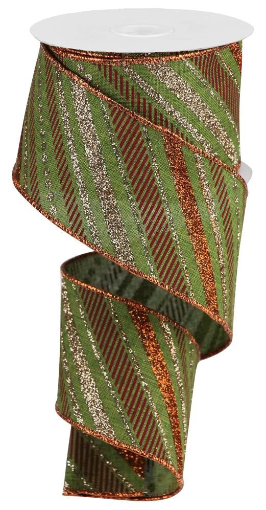 Wired Ribbon * Multi Diagonal Stripes * Moss Green, Copper and Burgundy Canvas * 2.5" x 10 Yards * RGB130252