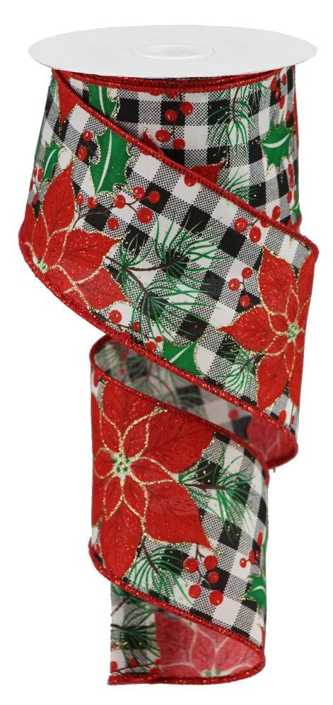 Wired Ribbon * Poinsettia & Holly on Check * Cream, Red, Green and Black Canvas * 2.5" x 10 Yards * RGB1309