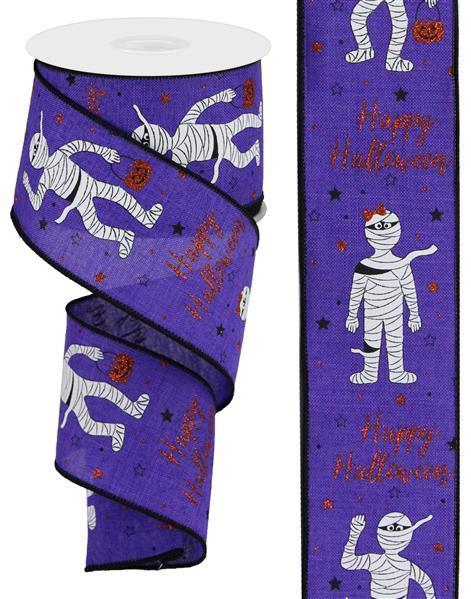 Halloween Wired Ribbon * Glitter Mummies * New Purple, White, Orange and Black * 2.5" x 10 Yards * RGB135223 * Canvas