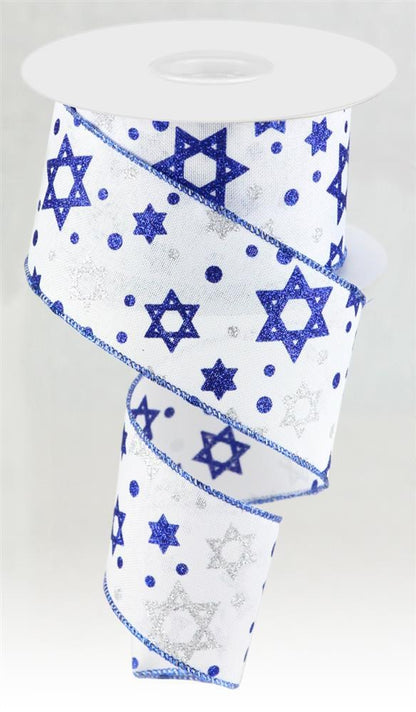 Wired Ribbon  * Glitter Star Of David * White, Royal Blue and Silver Canvas * 2.5" x 10 Yards * RGB137127