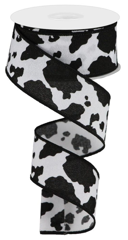 Cow Print On Cotton Wired Edge Ribbon - 10 Yards (Black, Cream, 1.5 Inch)