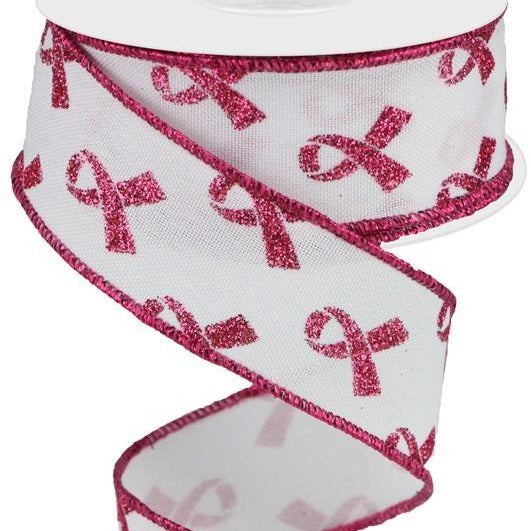 Wired Ribbon * Glitter Breast Cancer * White and Hot Pink Canvas * 1.5" x 10 Yards * RGC109227