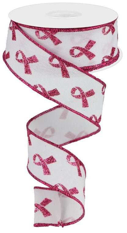 Wired Ribbon * Glitter Breast Cancer * White and Hot Pink Canvas * 1.5" x 10 Yards * RGC109227