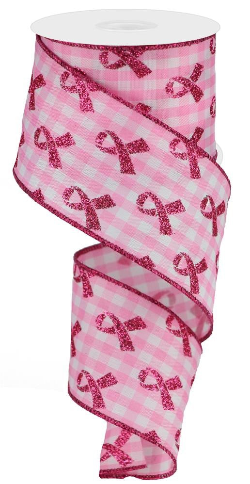 Wired Ribbon * Glitter Breast Cancer on Gingham * White, Pink and Hot Pink Canvas * 2.5" x 10 Yards * RGC1097WT