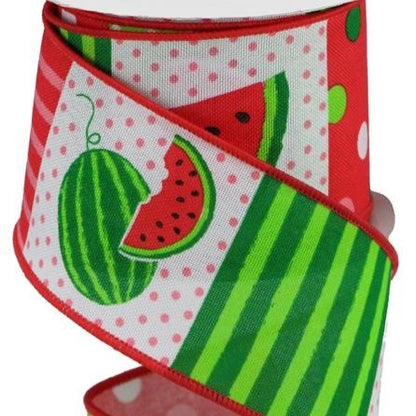 Wired Ribbon * Watermelon Block * White, Lt. Pink and Green Canvas * 2.5" x 10 Yards * RGC1142WT