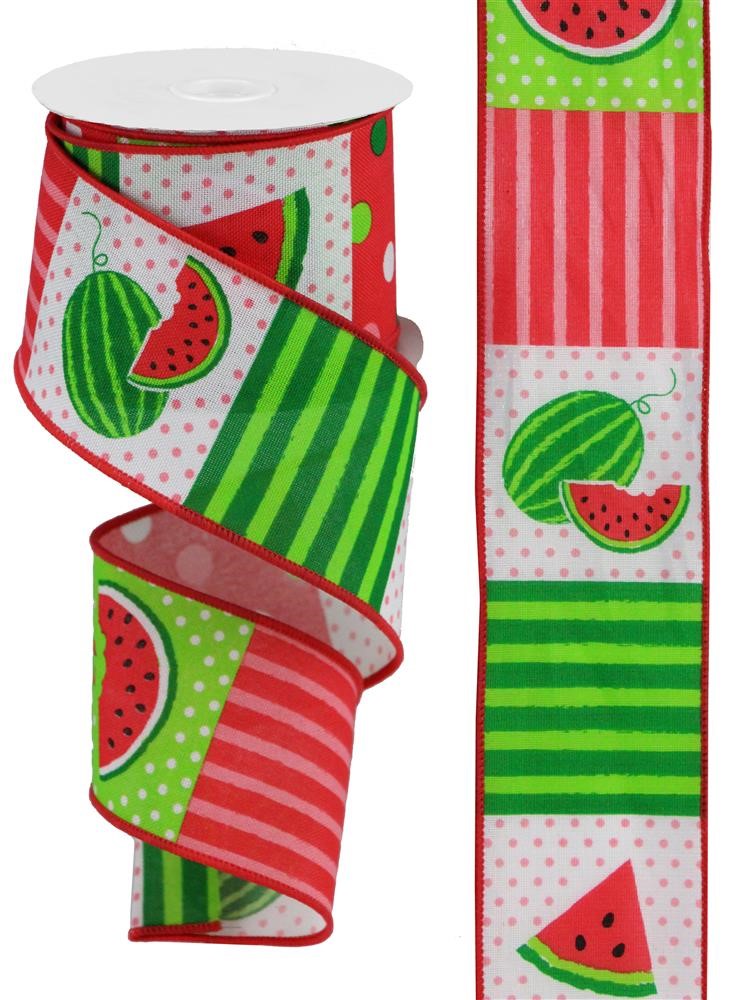 Wired Ribbon * Watermelon Block * White, Lt. Pink and Green Canvas * 2.5" x 10 Yards * RGC1142WT