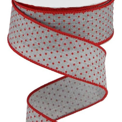 Wired Ribbon * Raised Swiss Dots * Lt. Grey and Red Canvas * 1.5" x 10 Yards * RGC115610