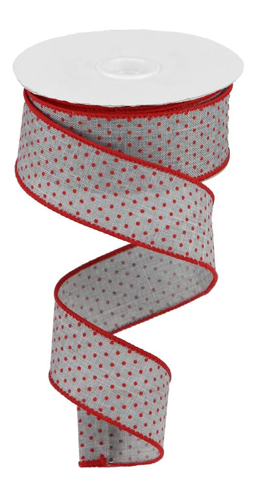 Wired Ribbon * Raised Swiss Dots * Lt. Grey and Red Canvas * 1.5" x 10 Yards * RGC115610