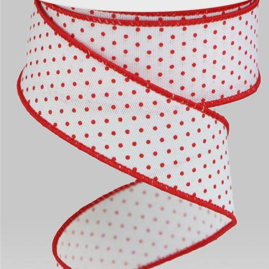 Wired Ribbon * Raised Swiss Dots * White and Red Canvas * 1.5" x 10 Yards * RGC115627
