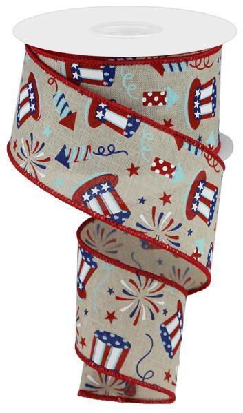 Patriotic Wired Ribbon * Uncle Sam and Fireworks * Lt. Natural, Red, White and Blue * 2.5" x 10 Yards * RGC116818 * Canvas