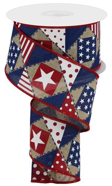 Wired Ribbon * Patriotic Patchwork * Lt. Beige, White, Red and Blue * 2.5" x 10 Yards * RGC117601 * Canvas