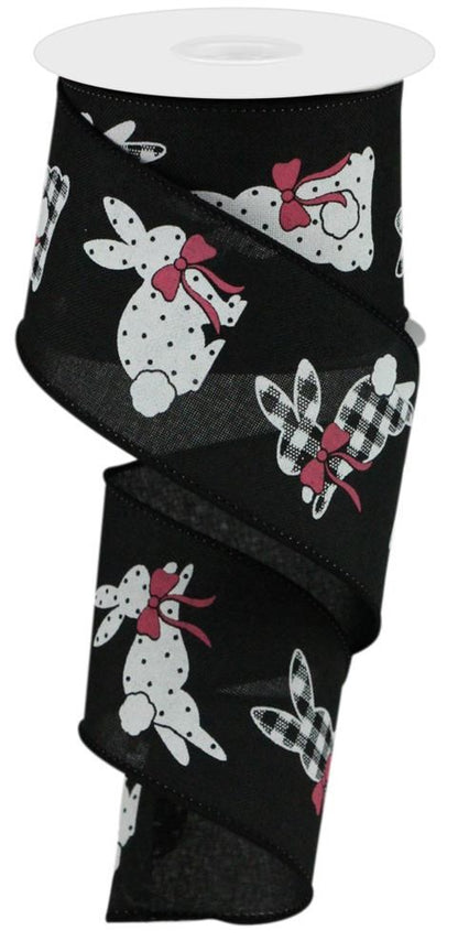 Easter Wired Ribbon * Patterned Bunnies * Black, Pink and White Canvas  * 2.5" x 10 Yards * RGC123502