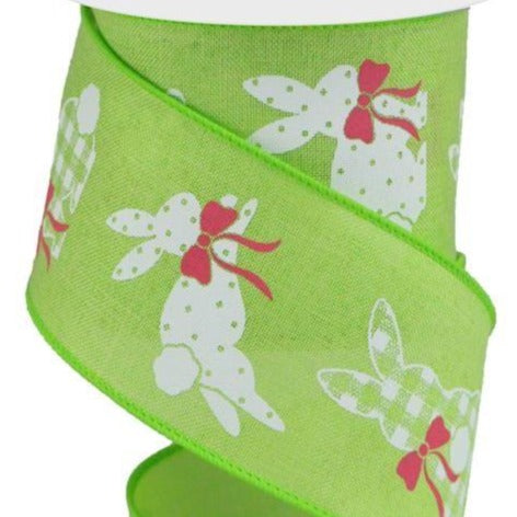 Easter Wired Ribbon * Patterned Bunnies * Bright Green, Pink and White Canvas  * 2.5" x 10 Yards * RGC1235H2