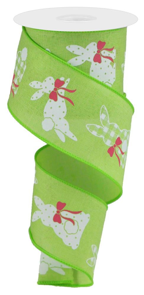 Easter Wired Ribbon * Patterned Bunnies * Bright Green, Pink and White Canvas  * 2.5" x 10 Yards * RGC1235H2