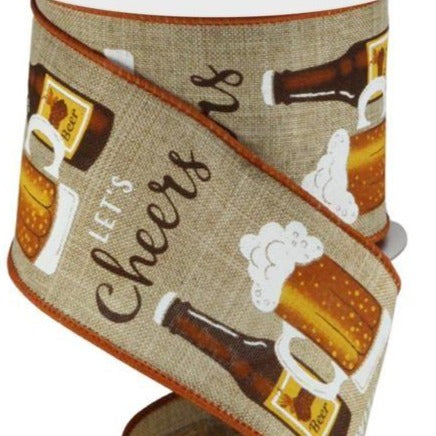 Wired Ribbon * Cheers With Beers * Lt. Beige, White, Gold, Rust and Brown Canvas  * 2.5" x 10 Yards * RGC1257C9