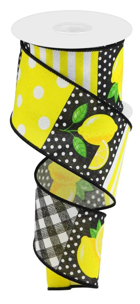 Wired Ribbon * Lemon Block Pattern * White, Yellow, Green and Black Canvas * 2.5" x 10 Yards * RGC1263